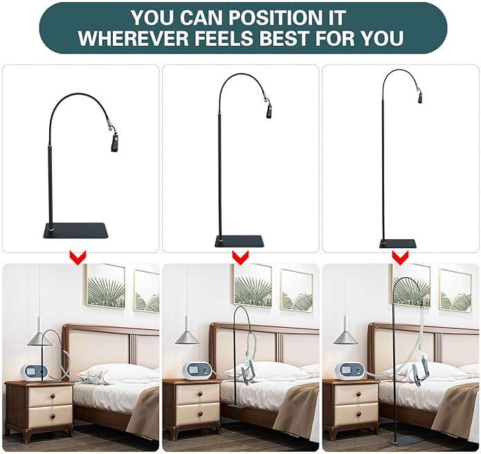 CPAP Hose Holder for Bed, Full Metal Bedside CPAP Hose Stand with Under-Mattress Base, Adjustable Flexible Arm, Curved Mask Hook and Hose Straps, No-Drill CPAP Accessories,Black - Image 6