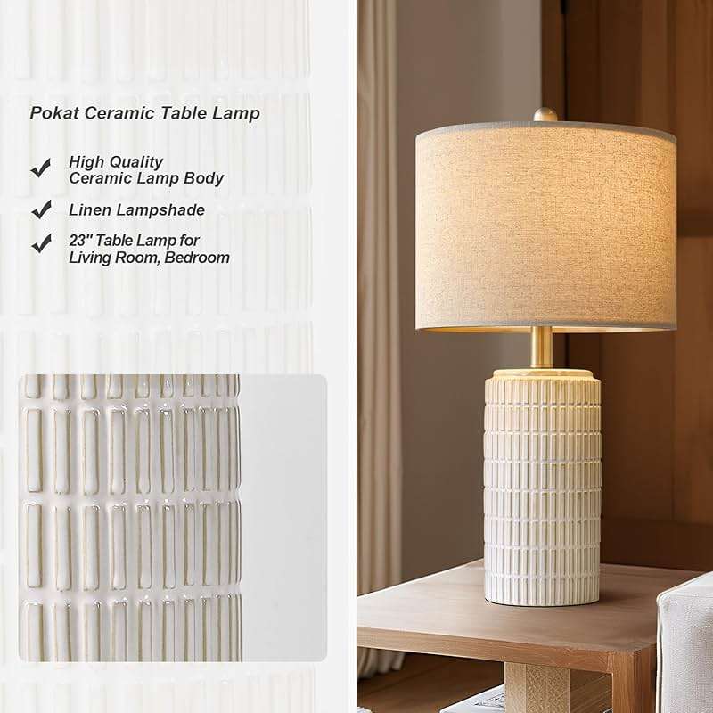 PoKat 23" Modern Ceramic Table Lamp Set of 2 for Living Room White Desk Lamps for Bedroom Farmhouse Bedside Nightstand Bedside Lamp End Table Lamps Beige - Image 4