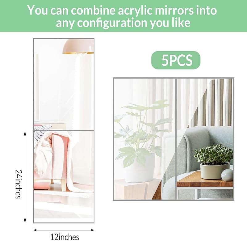 Queekay 5 Pcs Home Gym Mirrors 12" x 24" Acrylic Wall Mirror Tiles 2mm Thick Self Adhesive Mirror Sheets Frameless Wall Mounted Mirror Stickers Decor for Workout Bedroom Ceiling - Image 3
