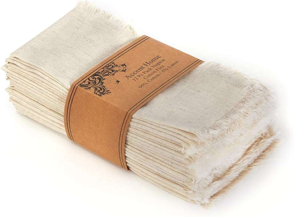 ACCENTHOME Natural Cotton Linen Napkin Set of 12 18x18 inch Dinner Napkins - Washable Soft Premium Hotel Quality Reusable Hemmed Edges Napkins Perfect Table Linens for Family Dinners, Weddings - Image 1