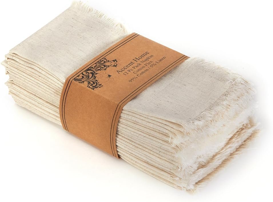 ACCENTHOME Natural Cotton Linen Napkin Set of 12 18x18 inch Dinner Napkins - Washable Soft Premium Hotel Quality Reusable Hemmed Edges Napkins Perfect Table Linens for Family Dinners, Weddings - Product Image