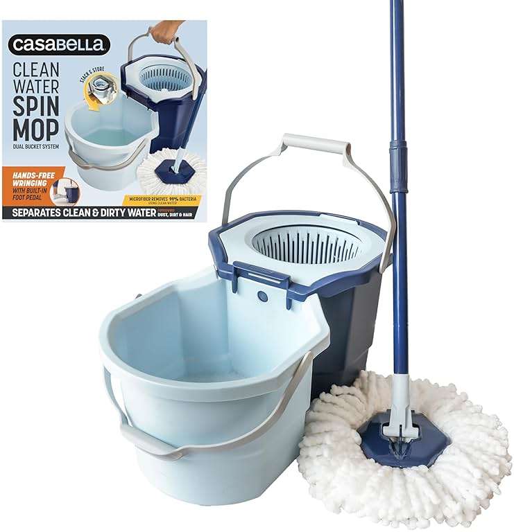 Casabella Clean Water Microfiber Spin Mop with 2-Bucket System, Spin Mop and Mopping Bucket Set, Blue/White - Image 1