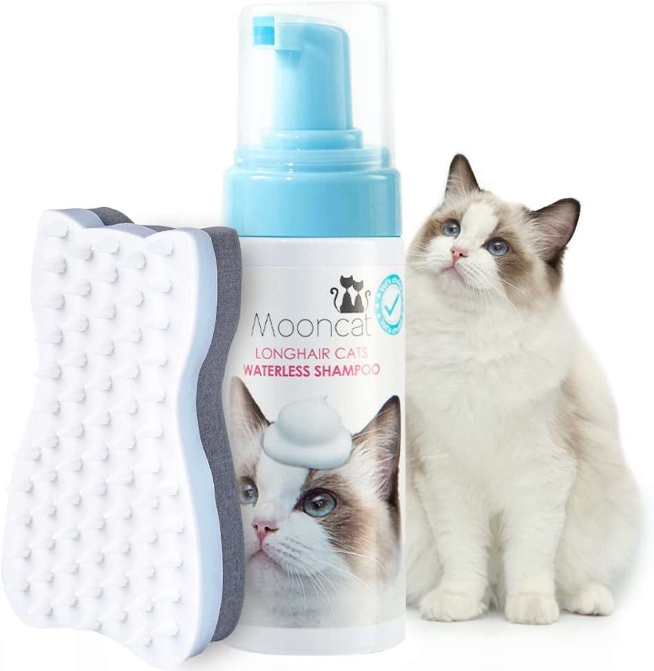 Mooncat Waterless Cat Shampoo and Brush Kit - No Rinse Foam Bath for Long Hair Cats - Grooming for Sensitive Skin, Detangling, Paraben-Free, pH Balanced - Licking Safe (5 oz) - Image 1