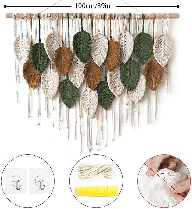 KHOYIME Large Macrame Wall Hanging Boho Woven Tapestry, Chic Home Decor Modern Bohemian Handmade Leaf Feather Wall Art Decorations for Apartment Dorm Living Room Bedroom Nursery Backdrop 39"W X 29.5"L - Image 2
