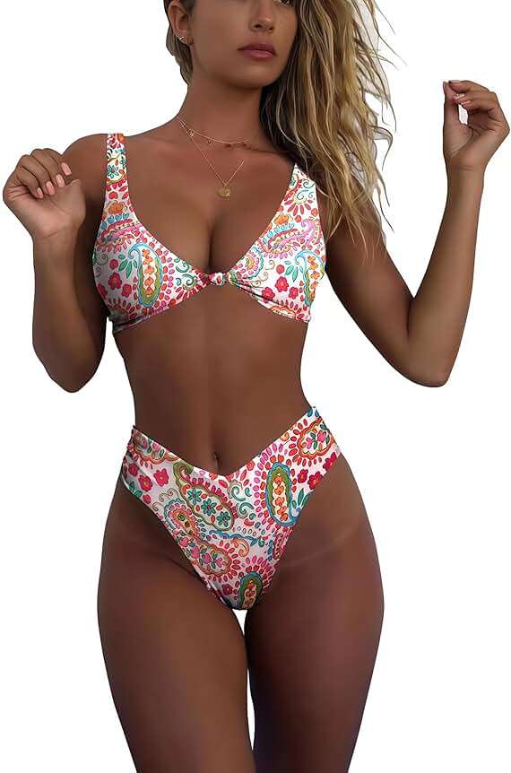 geluboao Bikini Set for Women Solid V Neck Knot Front Push Up High Leg Thong Two Piece Swimsuit - Image 1