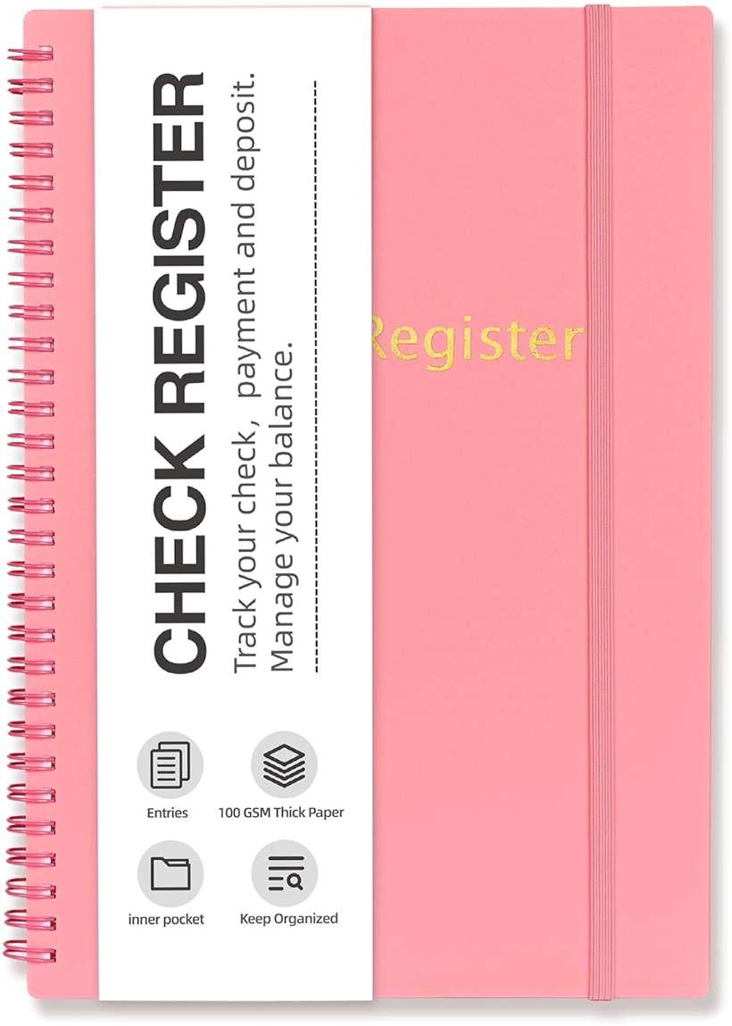 Check Registers for Personal Checkbook, Double Spiral Check Register Book, Budget Planner with Check Register for Personal and Work, 5.8'' x 8.3'' - Pink - Image 1