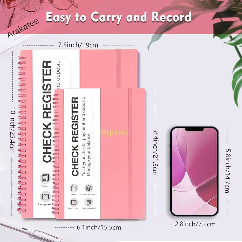 Check Registers for Personal Checkbook, Double Spiral Check Register Book, Budget Planner with Check Register for Personal and Work, 5.8'' x 8.3'' - Pink - Image 2