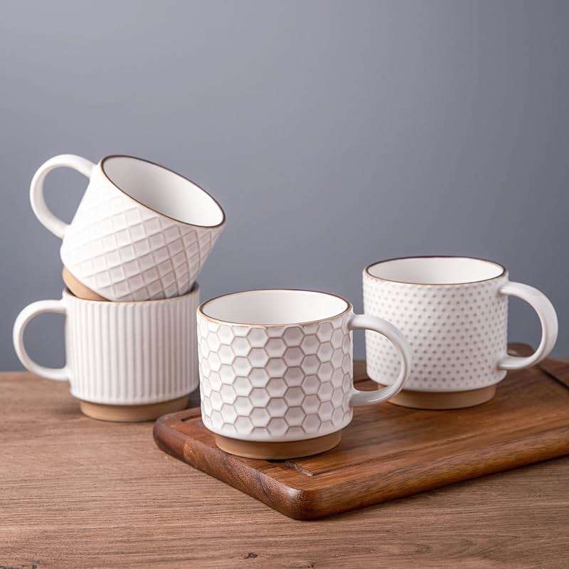GBHOME 12OZ Stackable Coffee Mugs, Ceramic Coffee Mugs with Texture Patterns for Man,Woman,Dad,Mom, Modern Coffee Mugs Set of 4 for Latte/Cappuccino/Cocoa. Dishwasher&Microwave Safe, Off White - Image 1