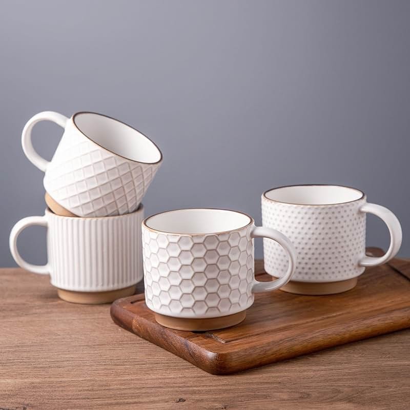 GBHOME 12OZ Stackable Coffee Mugs, Ceramic Coffee Mugs with Texture Patterns for Man,Woman,Dad,Mom, Modern Coffee Mugs Set of 4 for Latte/Cappuccino/Cocoa. Dishwasher&Microwave Safe, Off White - Product Image