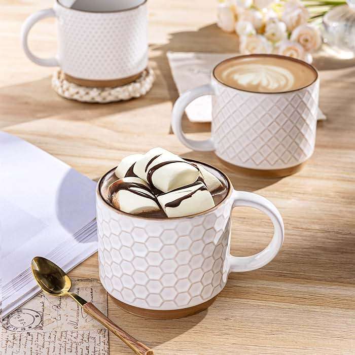 GBHOME 12OZ Stackable Coffee Mugs, Ceramic Coffee Mugs with Texture Patterns for Man,Woman,Dad,Mom, Modern Coffee Mugs Set of 4 for Latte/Cappuccino/Cocoa. Dishwasher&Microwave Safe, Off White - Image 5