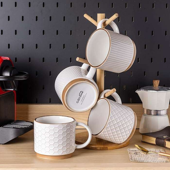 GBHOME 12OZ Stackable Coffee Mugs, Ceramic Coffee Mugs with Texture Patterns for Man,Woman,Dad,Mom, Modern Coffee Mugs Set of 4 for Latte/Cappuccino/Cocoa. Dishwasher&Microwave Safe, Off White - Image 7