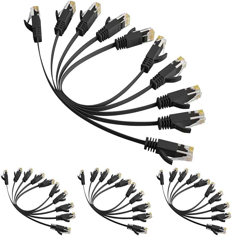 Elecan Cat 6 Flat Ethernet Cable 1 Ft/20 Pack, High Speed Slim Short Patch Cables Internet Cables, 30 AWG Pure Copper 10Gbps 500MHz,Thin Flexible for POE Cat6 Cat 5e Cat 5 Network Cable Cord-Black - Image 1