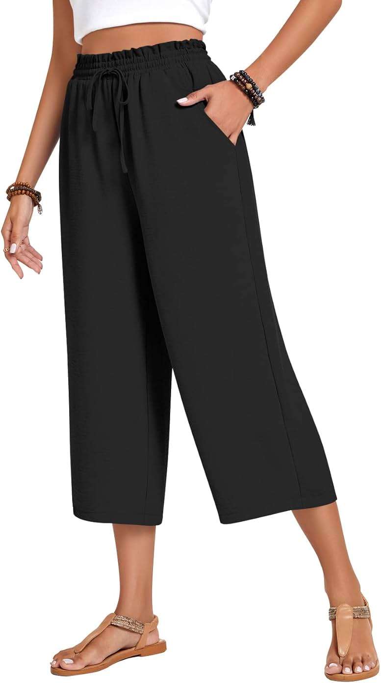 Anyhold Women's Capri Pants Drawstring Casual Palazzo Trousers with Pockets Loose High Waisted Wide Leg Lounge Pants - Image 1