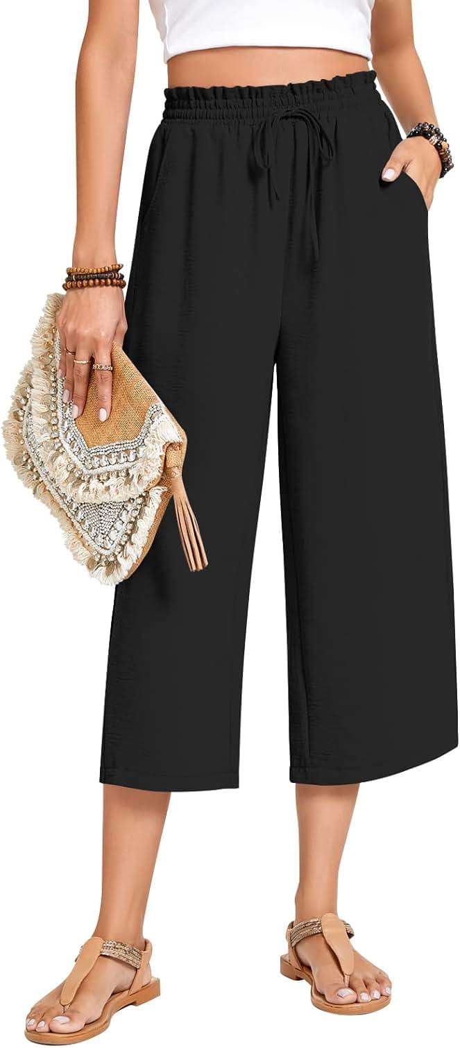 Anyhold Women's Capri Pants Drawstring Casual Palazzo Trousers with Pockets Loose High Waisted Wide Leg Lounge Pants - Image 2