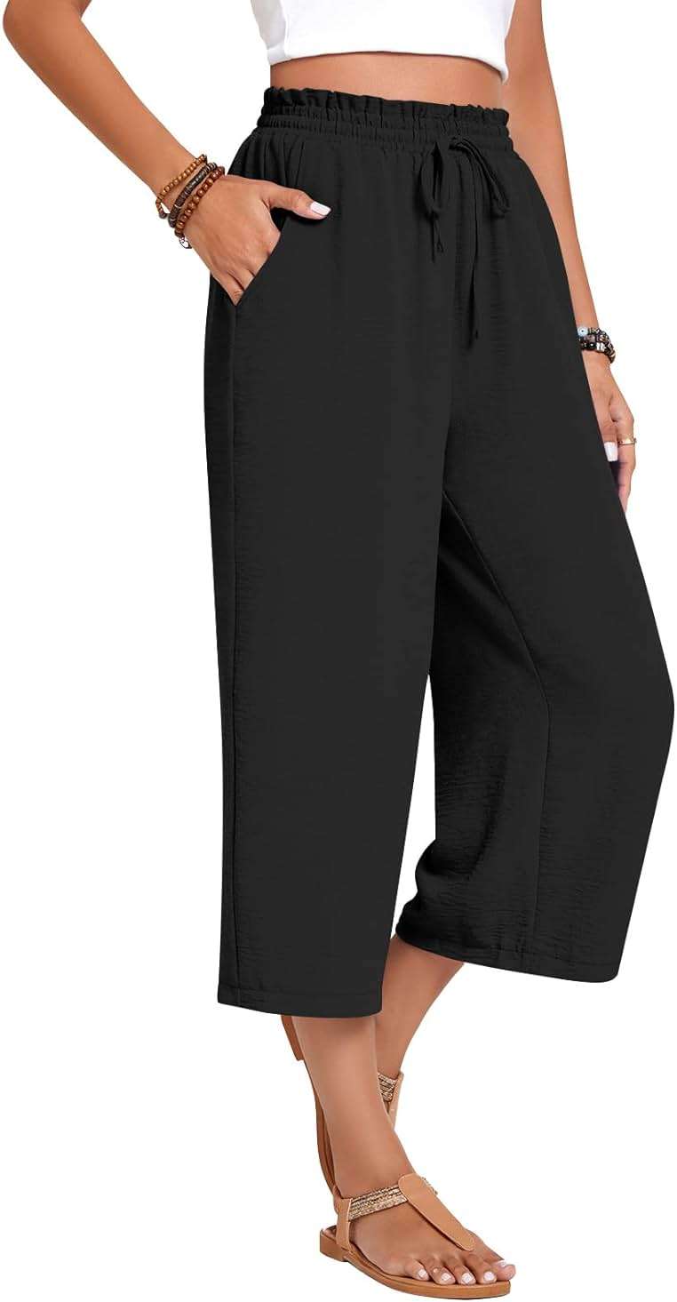 Anyhold Women's Capri Pants Drawstring Casual Palazzo Trousers with Pockets Loose High Waisted Wide Leg Lounge Pants - Image 3