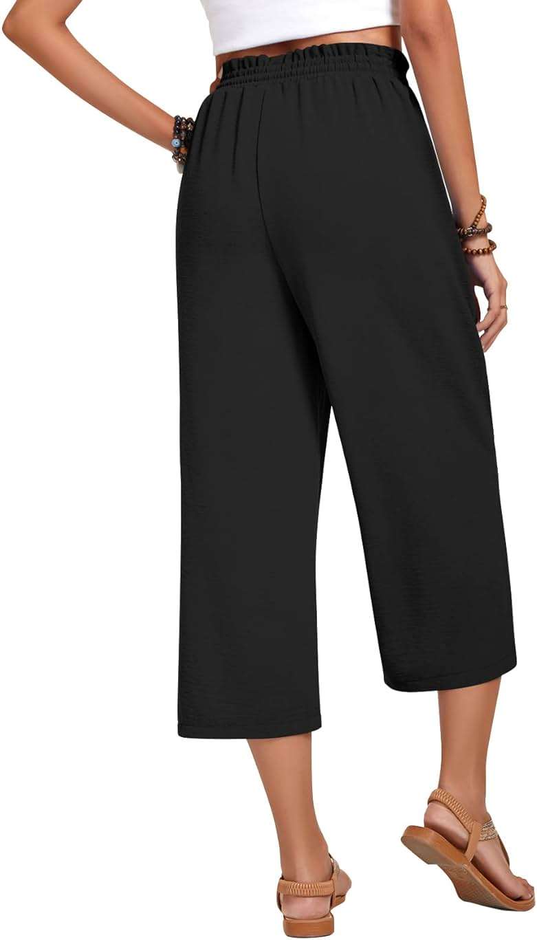 Anyhold Women's Capri Pants Drawstring Casual Palazzo Trousers with Pockets Loose High Waisted Wide Leg Lounge Pants - Image 4