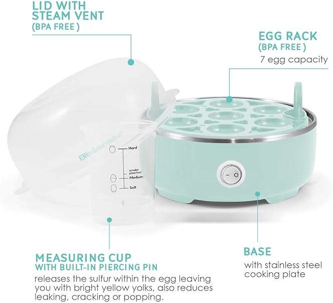 Elite Gourmet EGC115M Easy Egg Cooker Electric 7-Egg Capacity, Soft, Medium, Hard-Boiled Egg Cooker with Auto Shut-Off, Measuring Cup Included, BPA Free, Retro Mint - Image 4