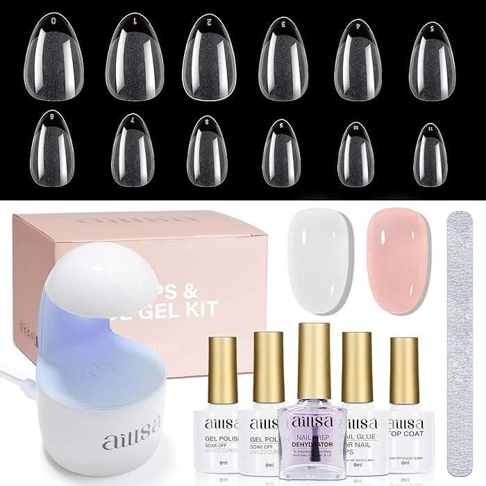 AILLSA Nail Extension Kit Short Almond Nail Tips 240pcs with 2 In 1 Nail Glue Base Coat and Nail Dehydrator, Gel Nail Tips Kit with Nail Lamp Top Coat for Starters Home Salon - Image 1