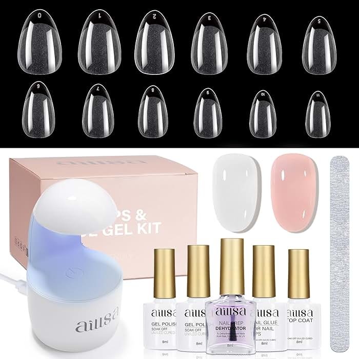 AILLSA Nail Extension Kit Short Almond Nail Tips 240pcs with 2 In 1 Nail Glue Base Coat and Nail Dehydrator, Gel Nail Tips Kit with Nail Lamp Top Coat for Starters Home Salon - Product Image