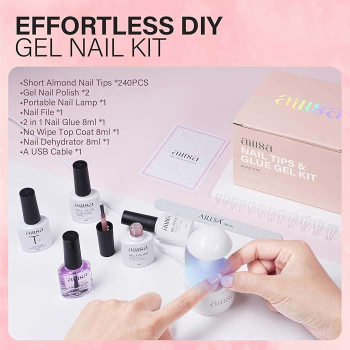 AILLSA Nail Extension Kit Short Almond Nail Tips 240pcs with 2 In 1 Nail Glue Base Coat and Nail Dehydrator, Gel Nail Tips Kit with Nail Lamp Top Coat for Starters Home Salon - Image 3