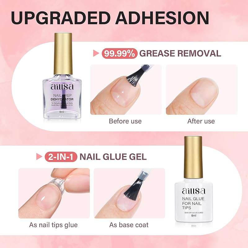 AILLSA Nail Extension Kit Short Almond Nail Tips 240pcs with 2 In 1 Nail Glue Base Coat and Nail Dehydrator, Gel Nail Tips Kit with Nail Lamp Top Coat for Starters Home Salon - Image 6