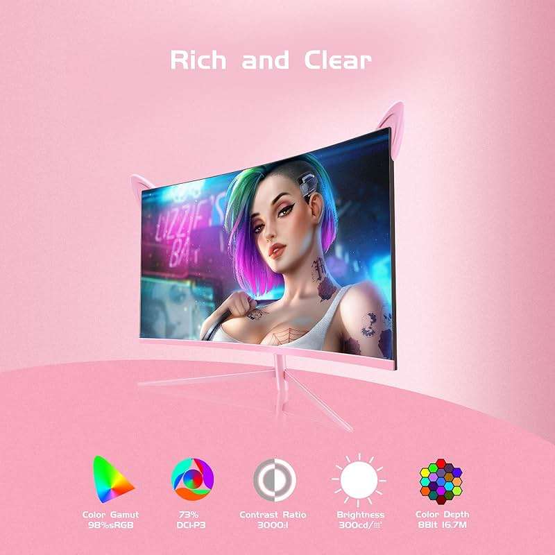 FYHXele FY27QHP Pink Monitor 27 Inch Curved Gaming 165Hz - Support 144Hz 1800R 1ms QHD 2560 x 1440P VA Screen, Built-in Speakers, AMD Free-Sync, HDMI, DP, USB, AUX, Tilt Adjustable - Image 5