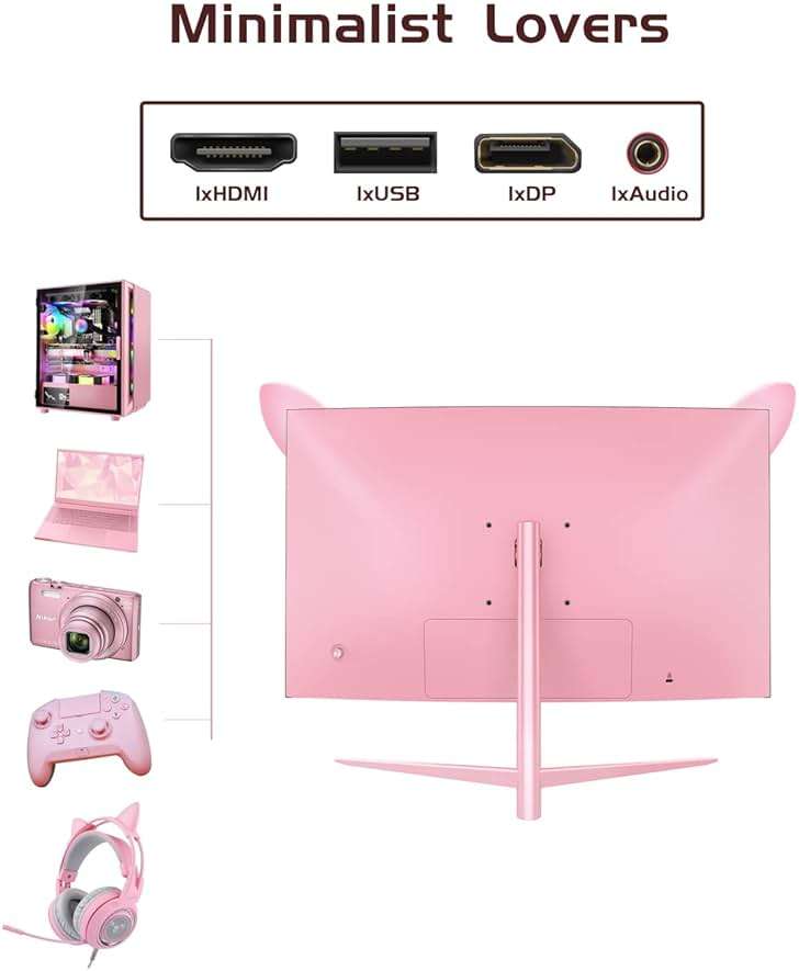 FYHXele FY27QHP Pink Monitor 27 Inch Curved Gaming 165Hz - Support 144Hz 1800R 1ms QHD 2560 x 1440P VA Screen, Built-in Speakers, AMD Free-Sync, HDMI, DP, USB, AUX, Tilt Adjustable - Image 6