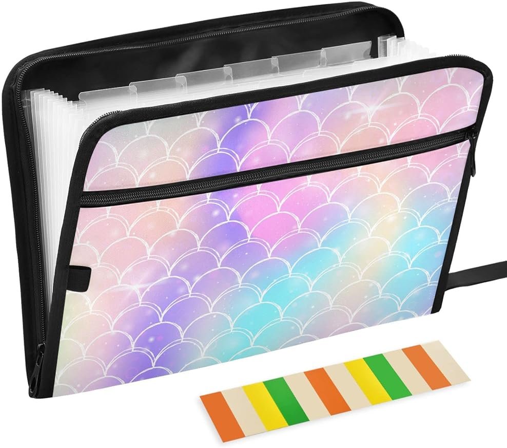 Mermaid Tail Scale Expanding File Folder with Sticky Labels 13 Pocket Pink Princess Accordion File Folder Document Organizer with Zipper Closure Letter A4 Paper Document Folder for Kids School Girls - Product Image