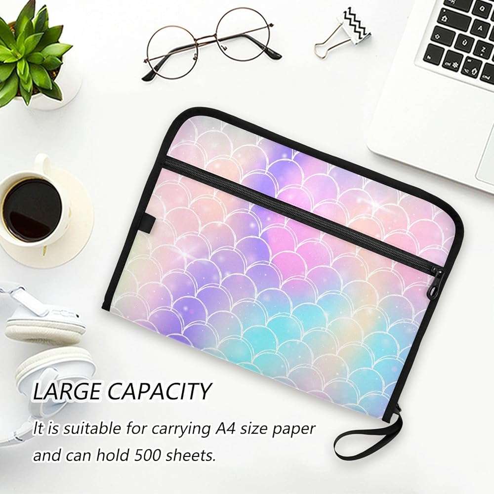Mermaid Tail Scale Expanding File Folder with Sticky Labels 13 Pocket Pink Princess Accordion File Folder Document Organizer with Zipper Closure Letter A4 Paper Document Folder for Kids School Girls - Image 2