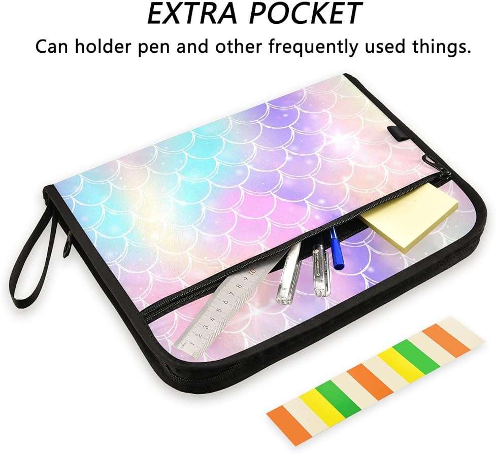 Mermaid Tail Scale Expanding File Folder with Sticky Labels 13 Pocket Pink Princess Accordion File Folder Document Organizer with Zipper Closure Letter A4 Paper Document Folder for Kids School Girls - Image 3