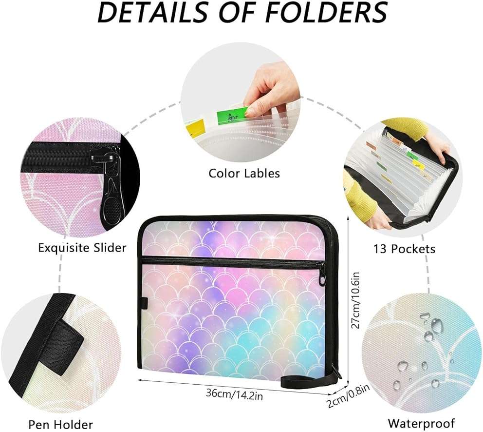 Mermaid Tail Scale Expanding File Folder with Sticky Labels 13 Pocket Pink Princess Accordion File Folder Document Organizer with Zipper Closure Letter A4 Paper Document Folder for Kids School Girls - Image 4