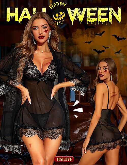 RSLOVE Women Sexy Lingerie Set 3 Piece Babydoll & Lace Kimono Robe Strap Chemise Sleepwear Mesh Nightgown - Image 2