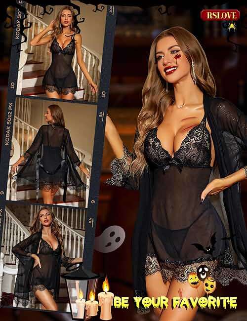 RSLOVE Women Sexy Lingerie Set 3 Piece Babydoll & Lace Kimono Robe Strap Chemise Sleepwear Mesh Nightgown - Image 4