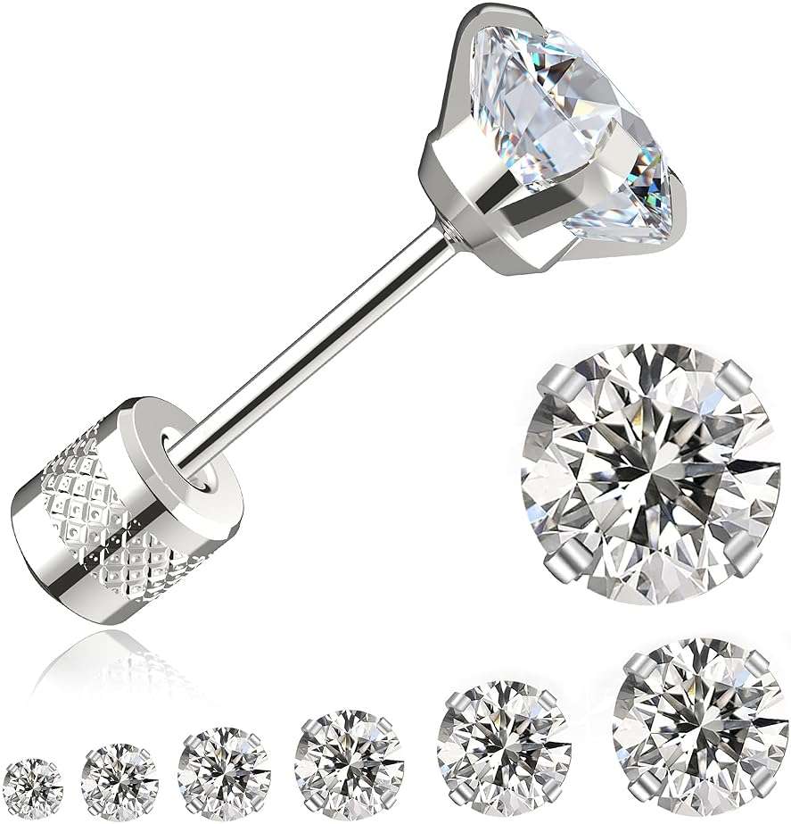 Threadless Flat Back Stud Earrings, 6 Pairs Titanium Hypoallergenic Earrings for Women Men, Cubic Zirconia Silver Gold Stud Earrings Surgical Stainless Steel Stud Earring Set for Cartilage 2-8mm - Image 1