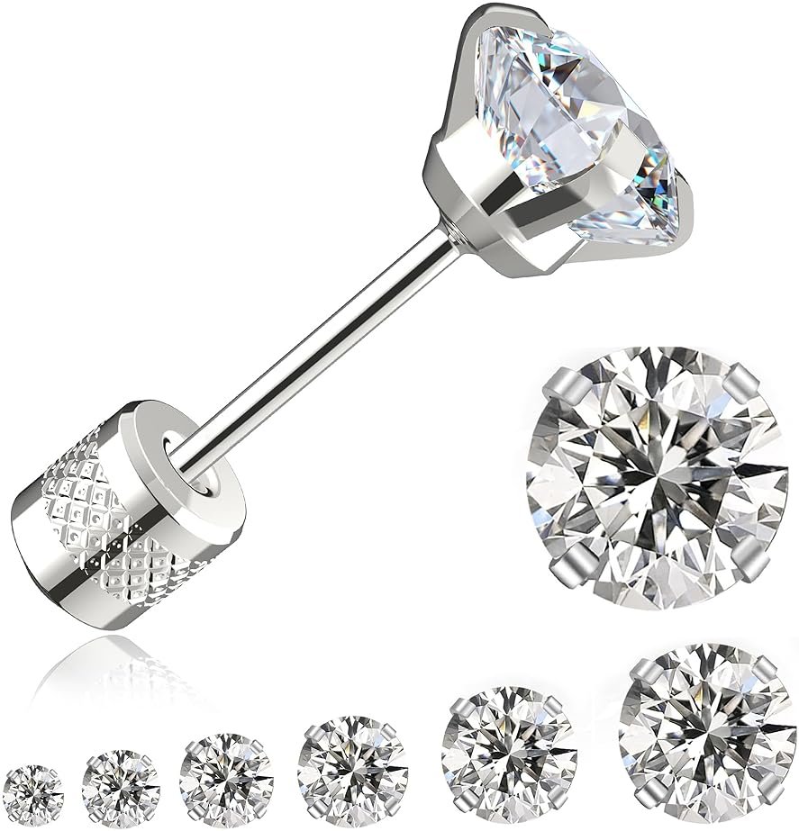 Threadless Flat Back Stud Earrings, 6 Pairs Titanium Hypoallergenic Earrings for Women Men, Cubic Zirconia Silver Gold Stud Earrings Surgical Stainless Steel Stud Earring Set for Cartilage 2-8mm - Product Image