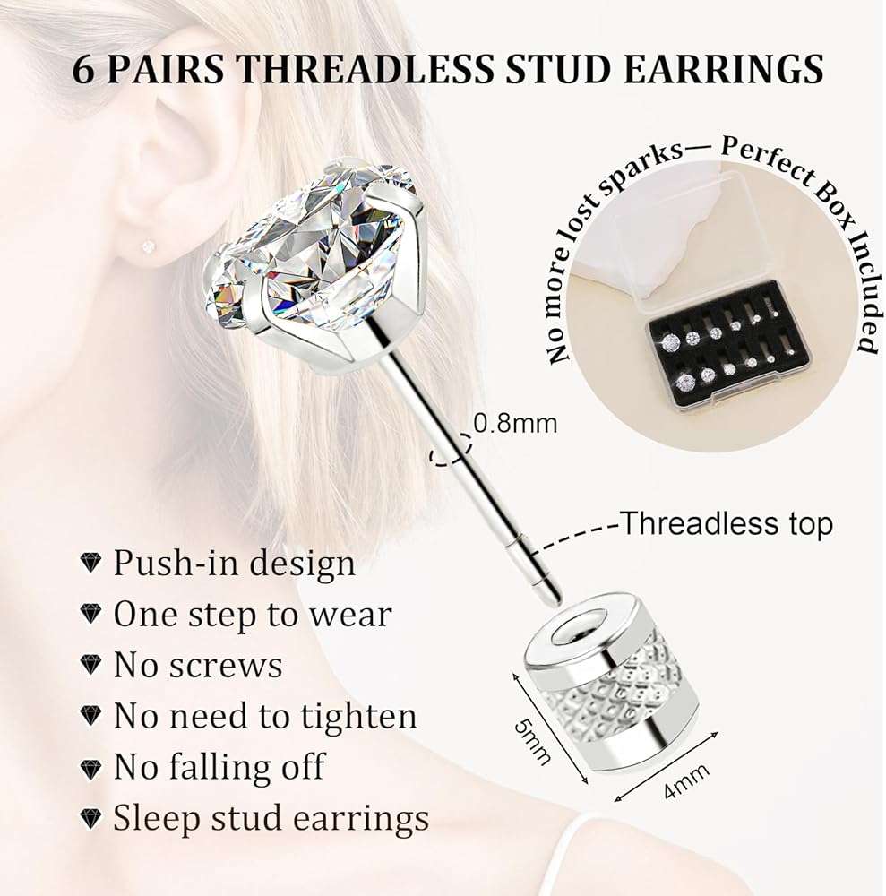 Threadless Flat Back Stud Earrings, 6 Pairs Titanium Hypoallergenic Earrings for Women Men, Cubic Zirconia Silver Gold Stud Earrings Surgical Stainless Steel Stud Earring Set for Cartilage 2-8mm - Image 2