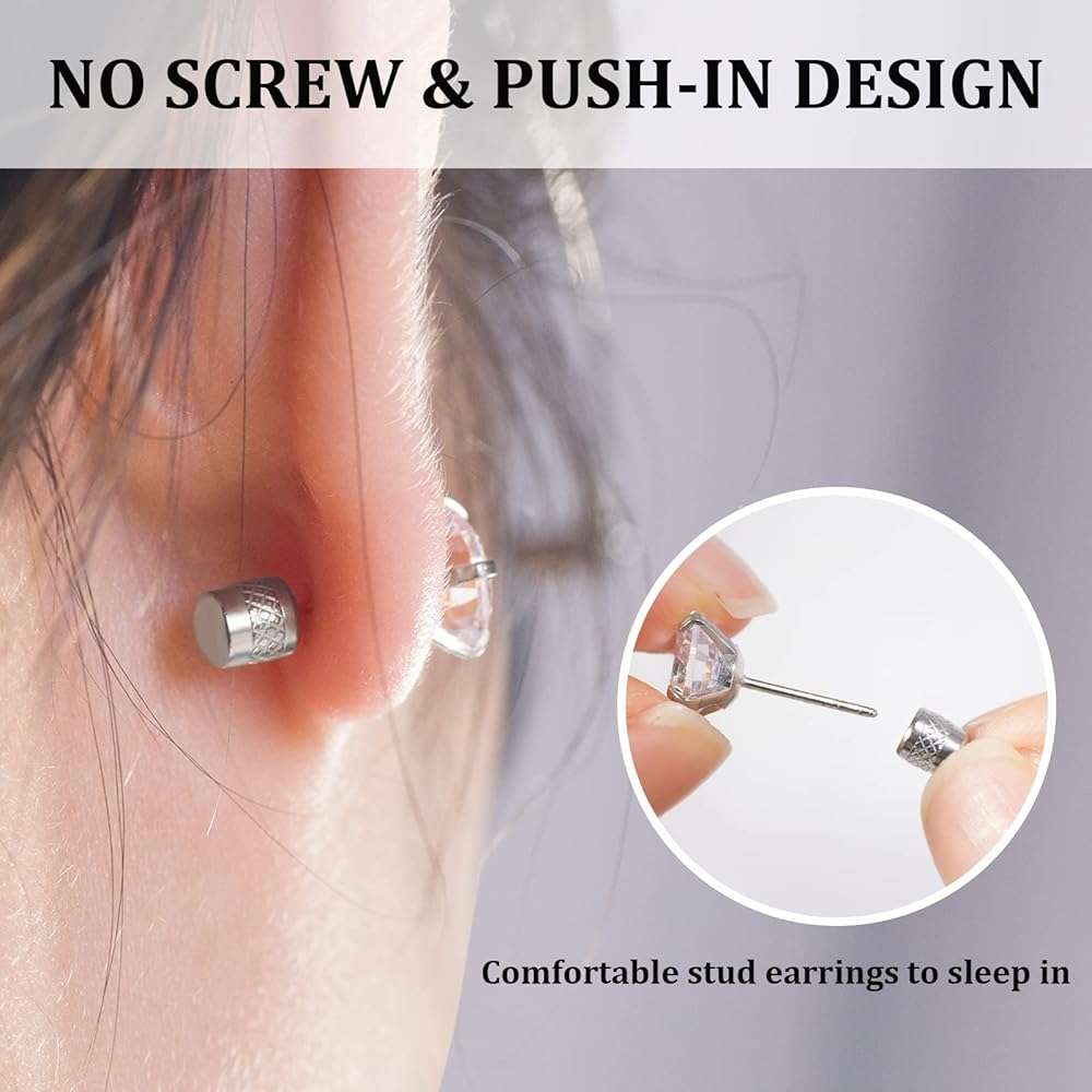 Threadless Flat Back Stud Earrings, 6 Pairs Titanium Hypoallergenic Earrings for Women Men, Cubic Zirconia Silver Gold Stud Earrings Surgical Stainless Steel Stud Earring Set for Cartilage 2-8mm - Image 3