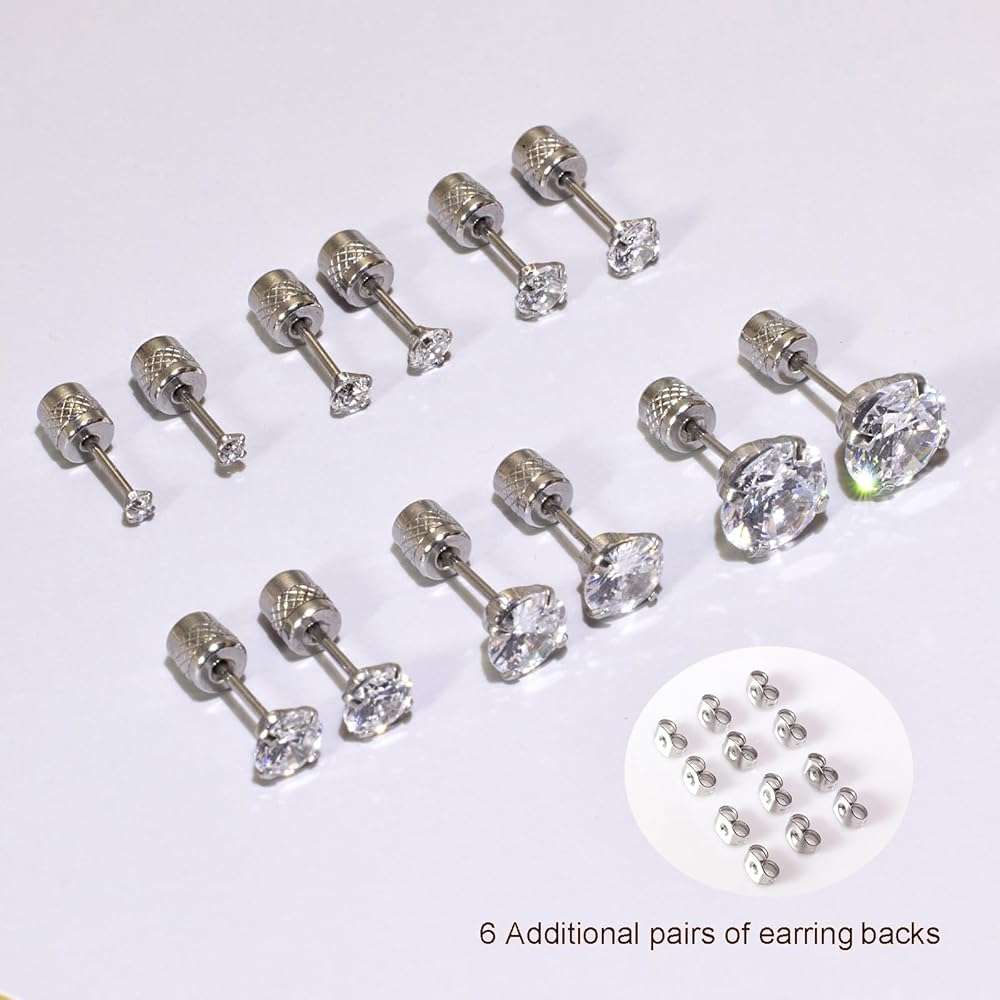 Threadless Flat Back Stud Earrings, 6 Pairs Titanium Hypoallergenic Earrings for Women Men, Cubic Zirconia Silver Gold Stud Earrings Surgical Stainless Steel Stud Earring Set for Cartilage 2-8mm - Image 5