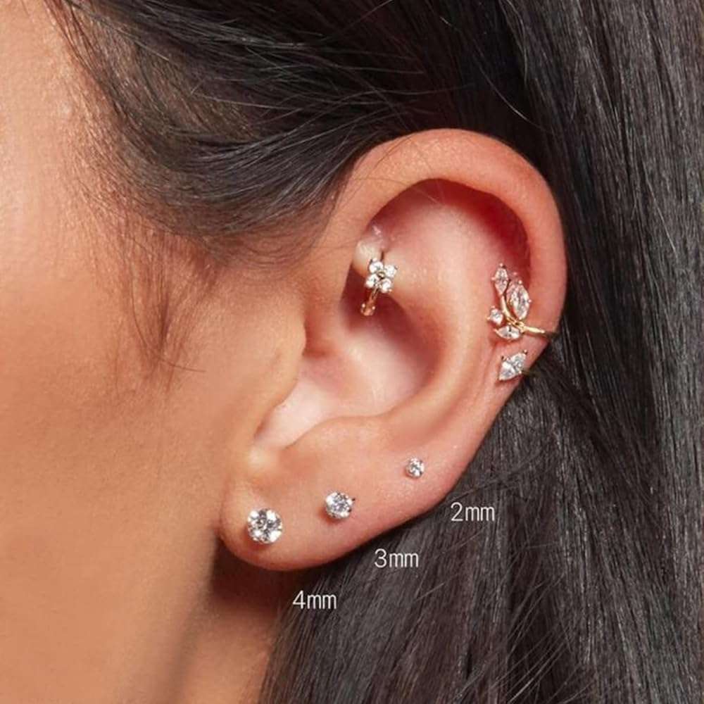 Threadless Flat Back Stud Earrings, 6 Pairs Titanium Hypoallergenic Earrings for Women Men, Cubic Zirconia Silver Gold Stud Earrings Surgical Stainless Steel Stud Earring Set for Cartilage 2-8mm - Image 7