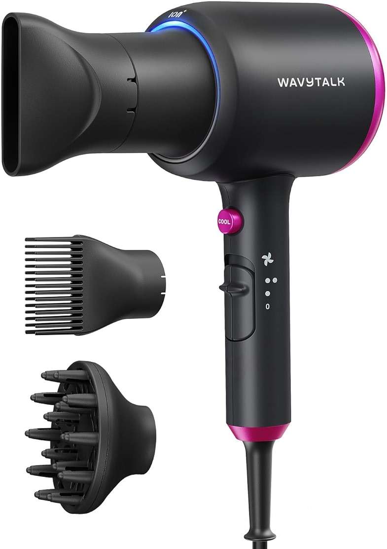 Wavytalk Hair Dryer with Diffuser, Blown Away Ionic Hair Dryer for Curly Hair with Comb, 1875W Fast Drying Blow Dryer with Ceramic Technology, 3 Attachments for All Hair Types, Light and Quiet, Black - Image 1