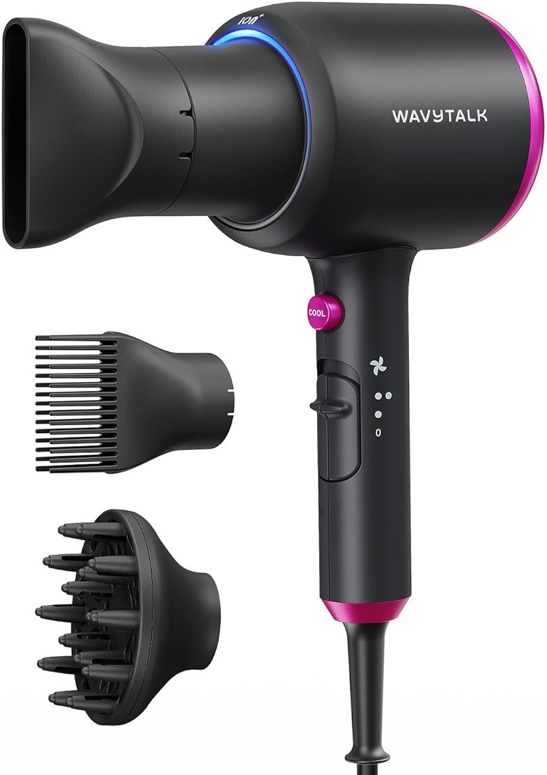 Wavytalk Hair Dryer with Diffuser, Blown Away Ionic Hair Dryer for Curly Hair with Comb, 1875W Fast Drying Blow Dryer with Ceramic Technology, 3 Attachments for All Hair Types, Light and Quiet, Black - Product Image