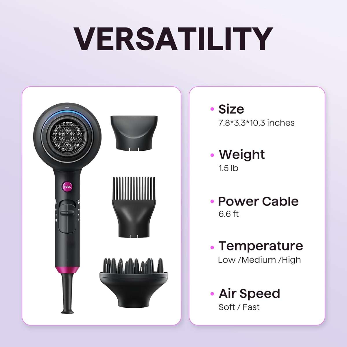 Wavytalk Hair Dryer with Diffuser, Blown Away Ionic Hair Dryer for Curly Hair with Comb, 1875W Fast Drying Blow Dryer with Ceramic Technology, 3 Attachments for All Hair Types, Light and Quiet, Black - Image 7