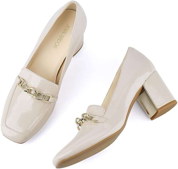JENN ARDOR Heeled Loafers for Women Block Heel Loafers Comfortable Square Toe Chunky Pumps for Women Work Heels Office Shoes Ladies Professional Classy Dressy Shoes with Chain - Image 1