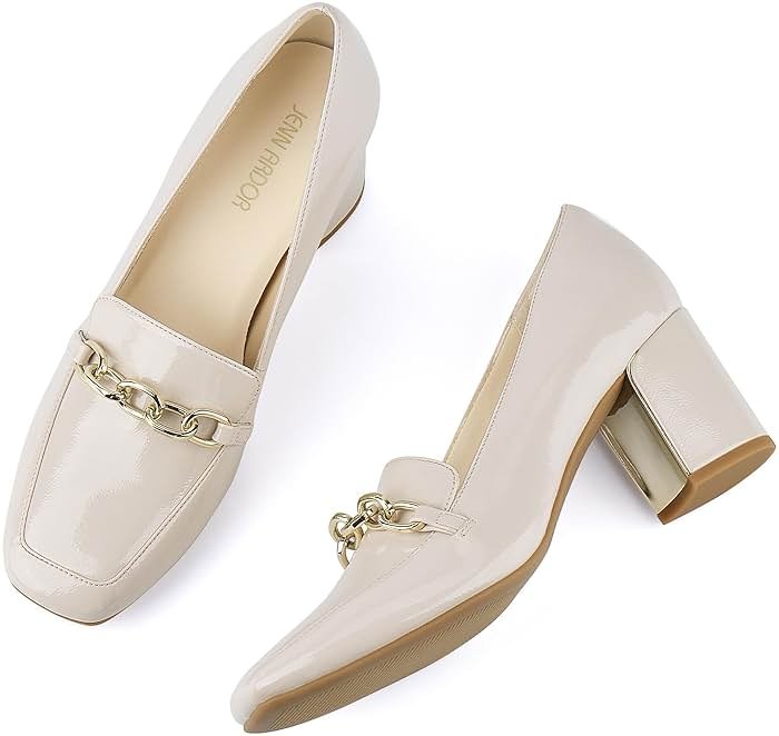 JENN ARDOR Heeled Loafers for Women Block Heel Loafers Comfortable Square Toe Chunky Pumps for Women Work Heels Office Shoes Ladies Professional Classy Dressy Shoes with Chain - Product Image