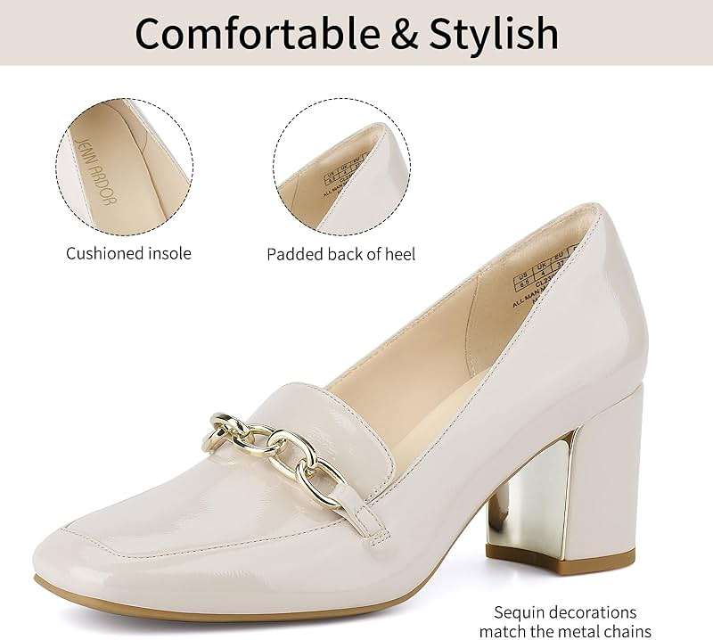JENN ARDOR Heeled Loafers for Women Block Heel Loafers Comfortable Square Toe Chunky Pumps for Women Work Heels Office Shoes Ladies Professional Classy Dressy Shoes with Chain - Image 2