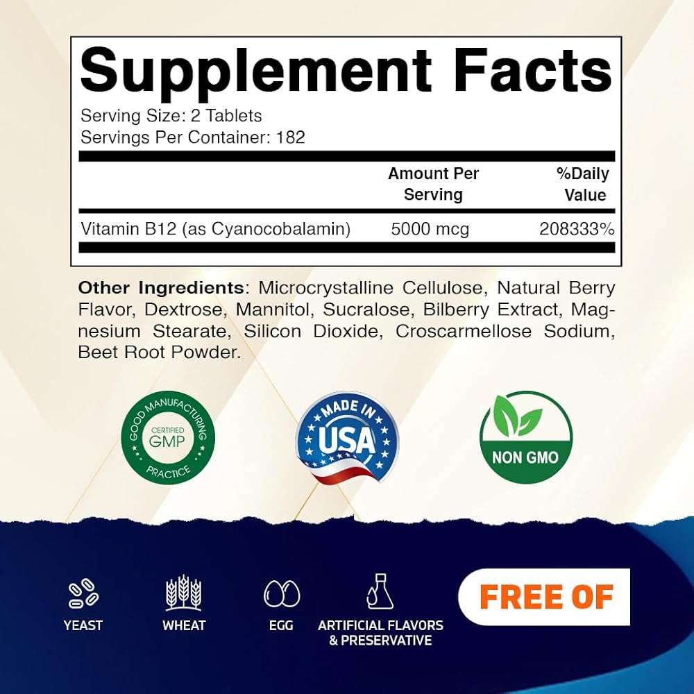 Vitamatic Vitamin B12 5000 mcg – 365 Fast Dissolve Tablets Berry Flavor – Supports Energy Production & Nervous System Health – Non-GMO, Gluten-Free - Image 2