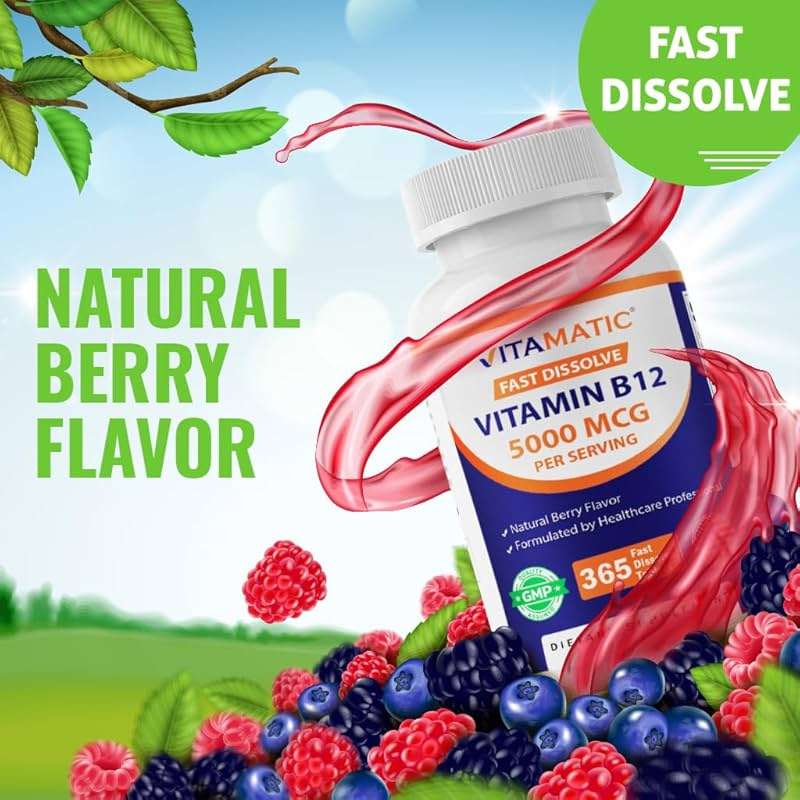 Vitamatic Vitamin B12 5000 mcg – 365 Fast Dissolve Tablets Berry Flavor – Supports Energy Production & Nervous System Health – Non-GMO, Gluten-Free - Image 5