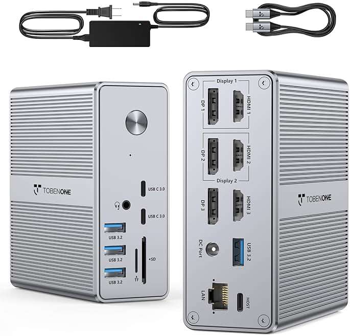 TobenONE DisplayLink Docking Station 3 Monitors with 120W Power Adapter, Triple 4K Display for MacBook Pro/Air, Thunderbolt 4/3, USB-C Windows(3X HDMI, 3X DP, 2xUSB-C, 4xUSB 3.2, SD/TF) - Image 1