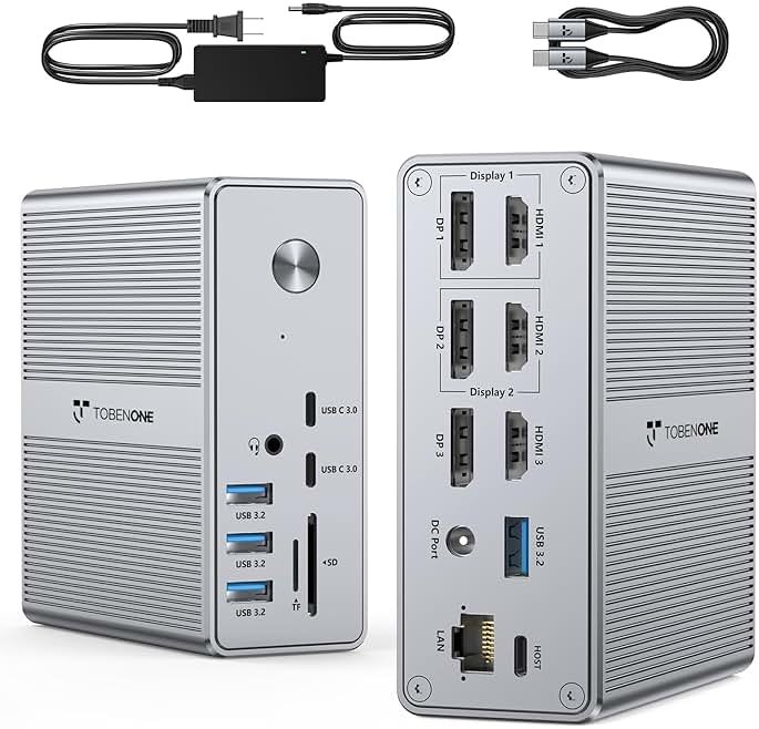 TobenONE DisplayLink Docking Station 3 Monitors with 120W Power Adapter, Triple 4K Display for MacBook Pro/Air, Thunderbolt 4/3, USB-C Windows(3X HDMI, 3X DP, 2xUSB-C, 4xUSB 3.2, SD/TF) - Product Image