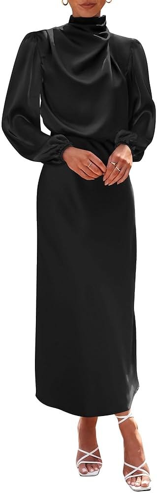 BTFBM Womens Mock Neck Satin Dress Spring Summer 2026 Long Sleeve Lightweight Formal Wedding Party Maxi Cocktail Dresses - Product Image